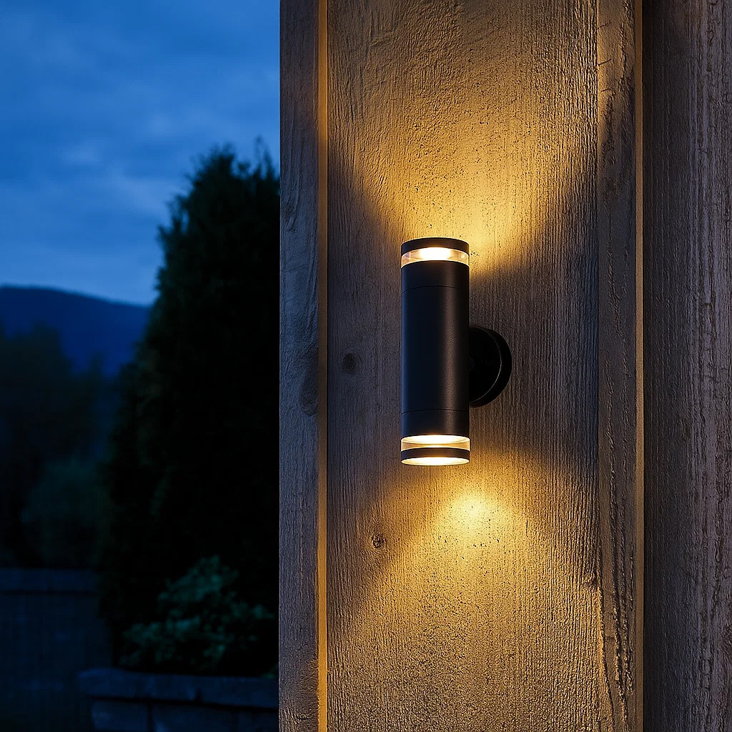 Cylinder duo Noir lampe d’extérieur De Lampan - Lampan lyser fint b&aring;de upp och ner p&aring; v&auml;ggen.