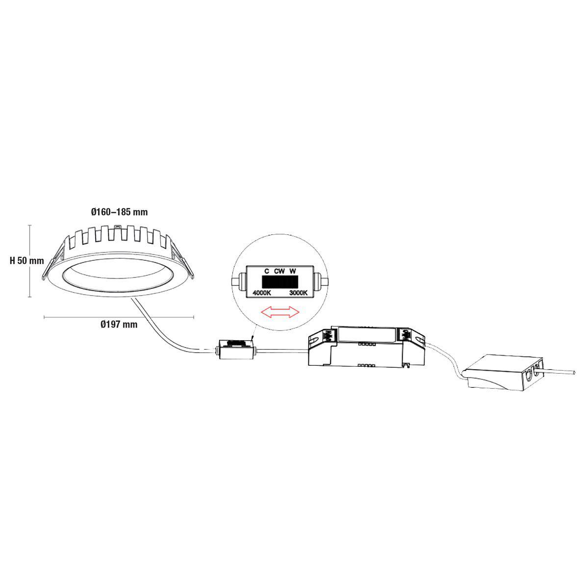 City Downlight 16/20/24W Blanc De Designlight - La temp&eacute;rature de couleur est r&eacute;gl&eacute;e par une commande sur le c&acirc;ble entre le driver et le luminaire, simplifiant ainsi le r&eacute;glage lors de l'installation.