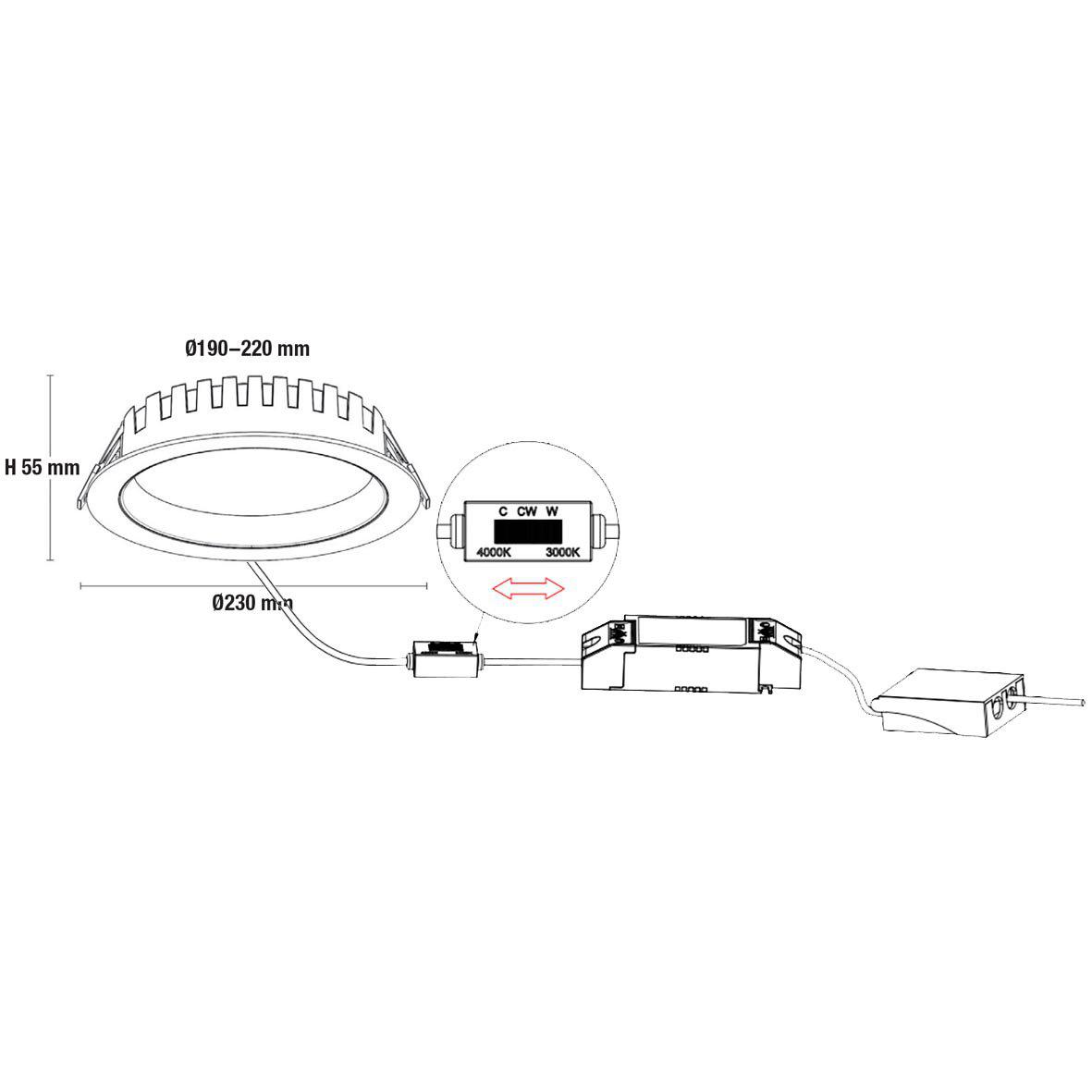 City Downlight 28/32/36W Blanc De Designlight - La puissance est r&eacute;glable sur trois niveaux &ndash; 28 W, 32 W ou 36 W &ndash; et la temp&eacute;rature de couleur peut &ecirc;tre s&eacute;lectionn&eacute;e entre 3&nbsp;000 K (lumi&egrave;re plus chaude et agr&eacute;able) et 4&nbsp;000 K (blanc neutre, lumi&egrave;re l&eacute;g&egrave;rement plus vive).