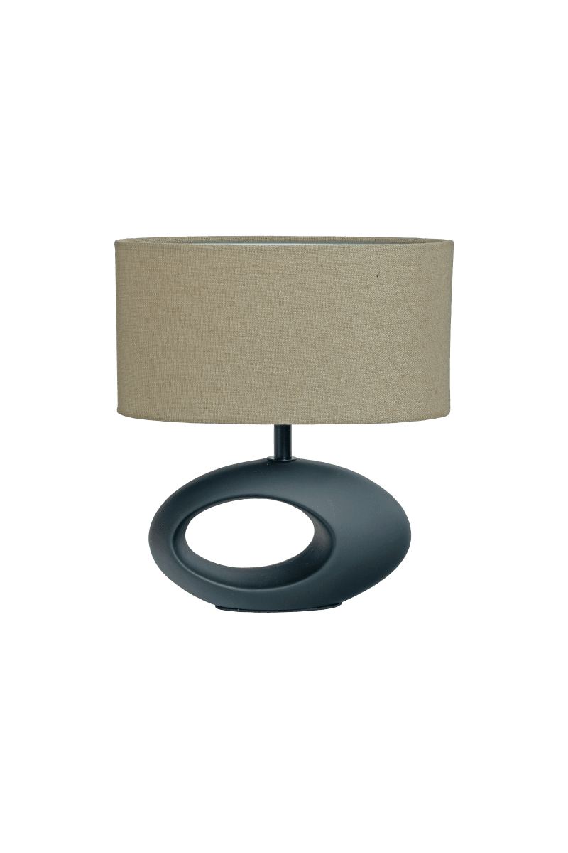 Olina 24cm Noir lampe de table De Aneta Lighting - La lampe de table Olina pr&eacute;sente un pied en c&eacute;ramique noire au design moderne et un abat-jour ovale en tissu marron.