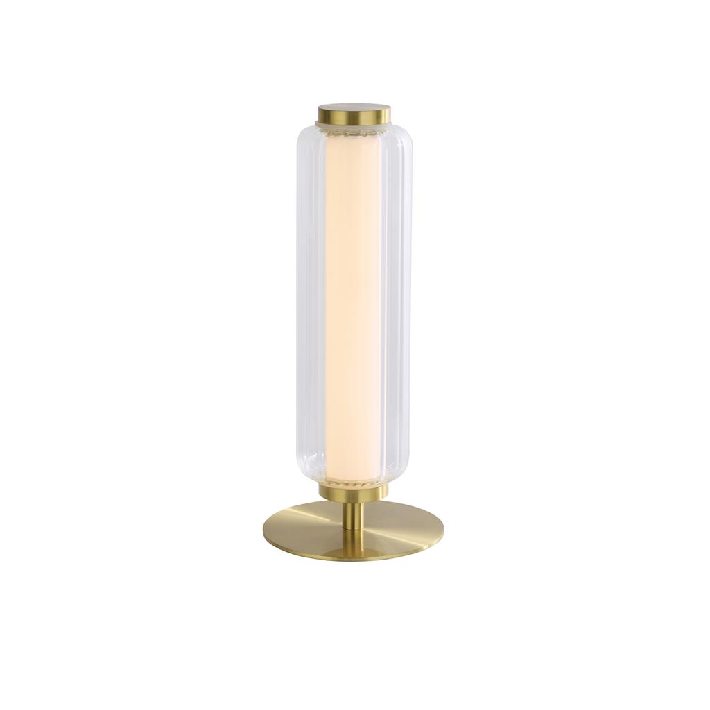 Mod 30cm Laiton lampe de table De Searchlight - Cette &eacute;l&eacute;gante lampe de table associe une surface en laiton satin&eacute; &agrave; des lignes modernes et &eacute;pur&eacute;es, ainsi qu'&agrave; un abat-jour en verre c&ocirc;tel&eacute; raffin&eacute;.