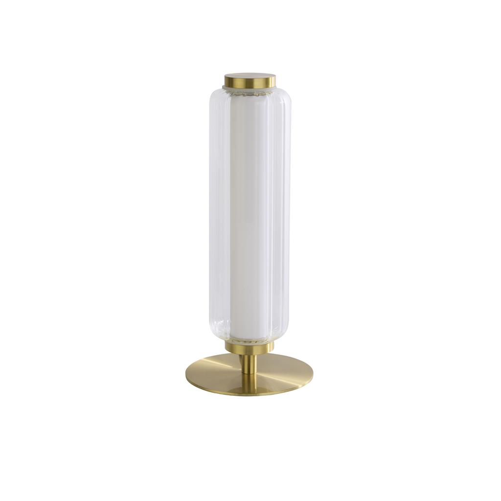 Mod 30cm Laiton lampe de table De Searchlight - Cette &eacute;l&eacute;gante lampe de table associe une surface en laiton satin&eacute; &agrave; des lignes modernes et &eacute;pur&eacute;es, ainsi qu'&agrave; un abat-jour en verre c&ocirc;tel&eacute; raffin&eacute;.