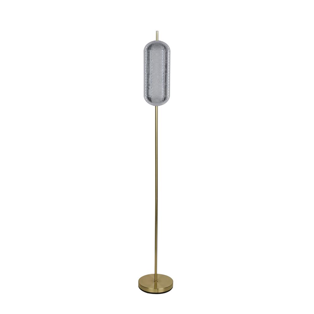 Capsule Laiton lampadaire De Searchlight - Capsule est un lampadaire élégant et moderne avec des détails en laiton satiné et un abat-jour en verre acrylique qui diffuse une lumière douce et agréable.