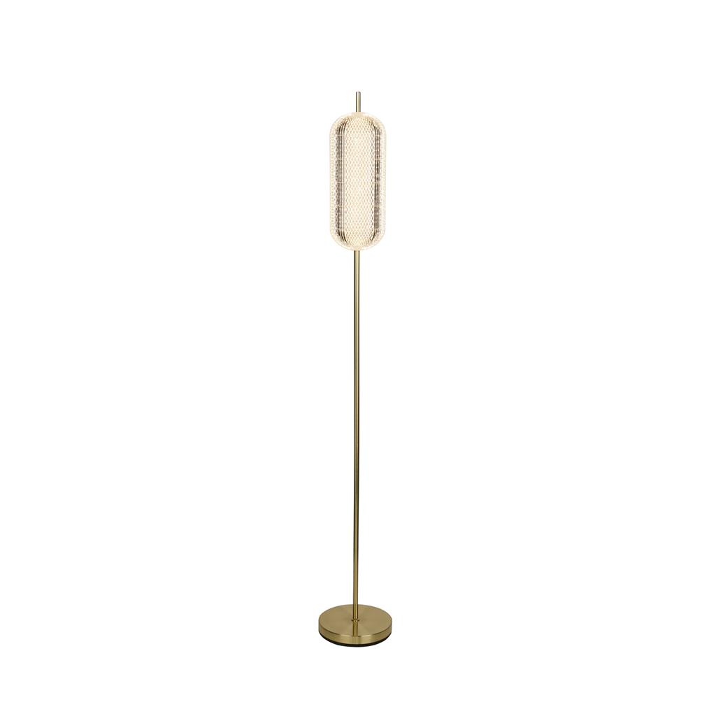 Capsule Laiton lampadaire De Searchlight - Capsule est un lampadaire élégant et moderne avec des détails en laiton satiné et un abat-jour en verre acrylique qui diffuse une lumière douce et agréable.