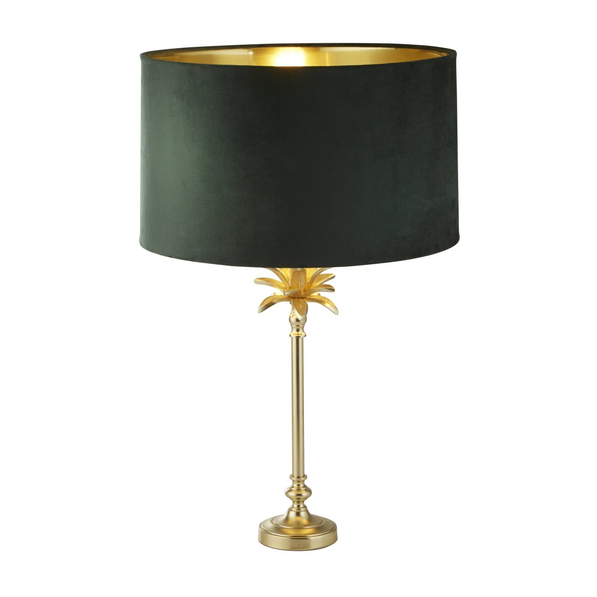 Palm 45cm Vert lampe de table De Searchlight - La lampe de table est dotée d'une base en laiton satiné en forme de palmier, couronnée d'un luxueux abat-jour en velours vert foncé avec un intérieur doré, ajoutant une sensation d'élégance et de sophistication à la pièce.