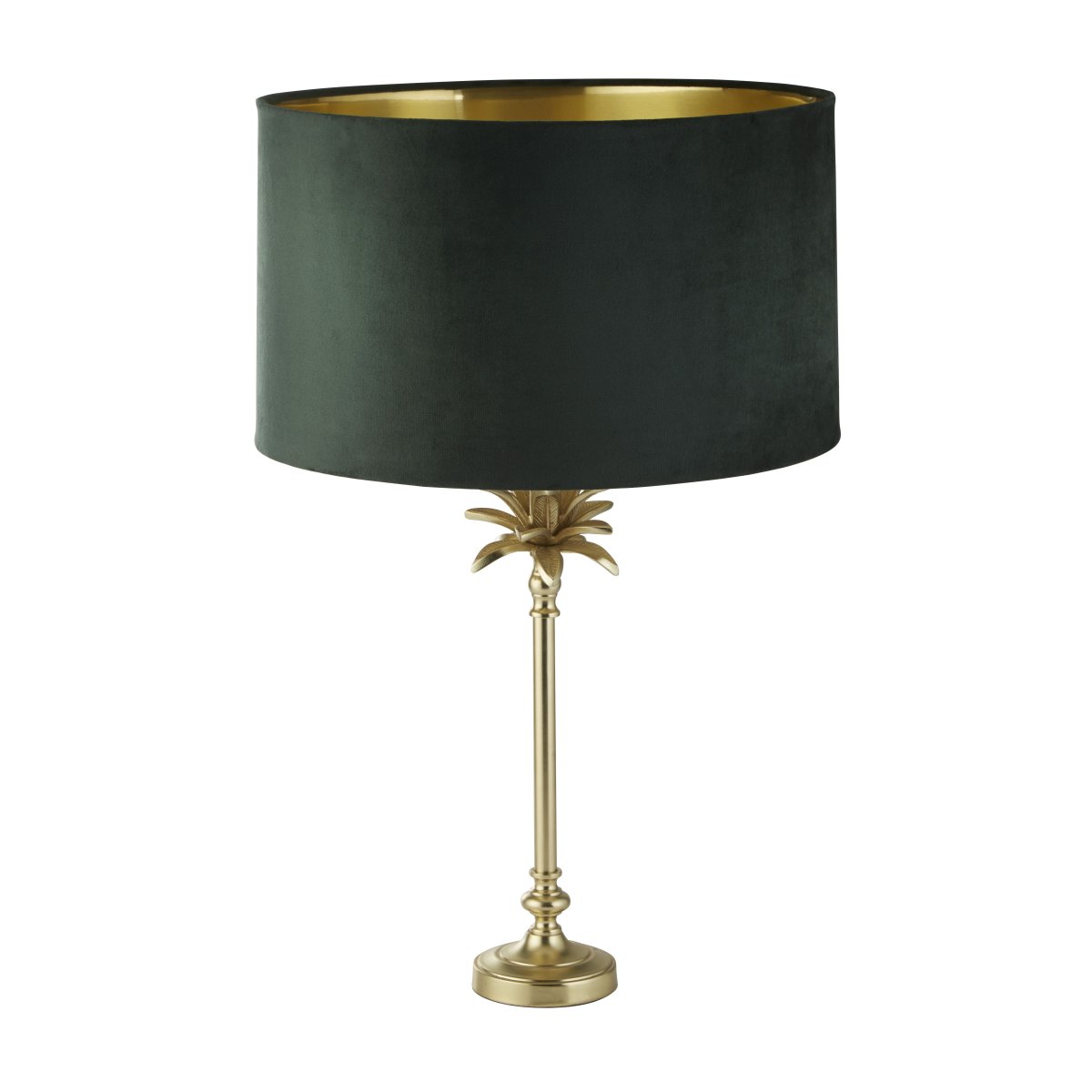Palm 45cm Vert lampe de table De Searchlight - La lampe de table est dotée d'une base en laiton satiné en forme de palmier, couronnée d'un luxueux abat-jour en velours vert foncé avec un intérieur doré, ajoutant une sensation d'élégance et de sophistication à la pièce.