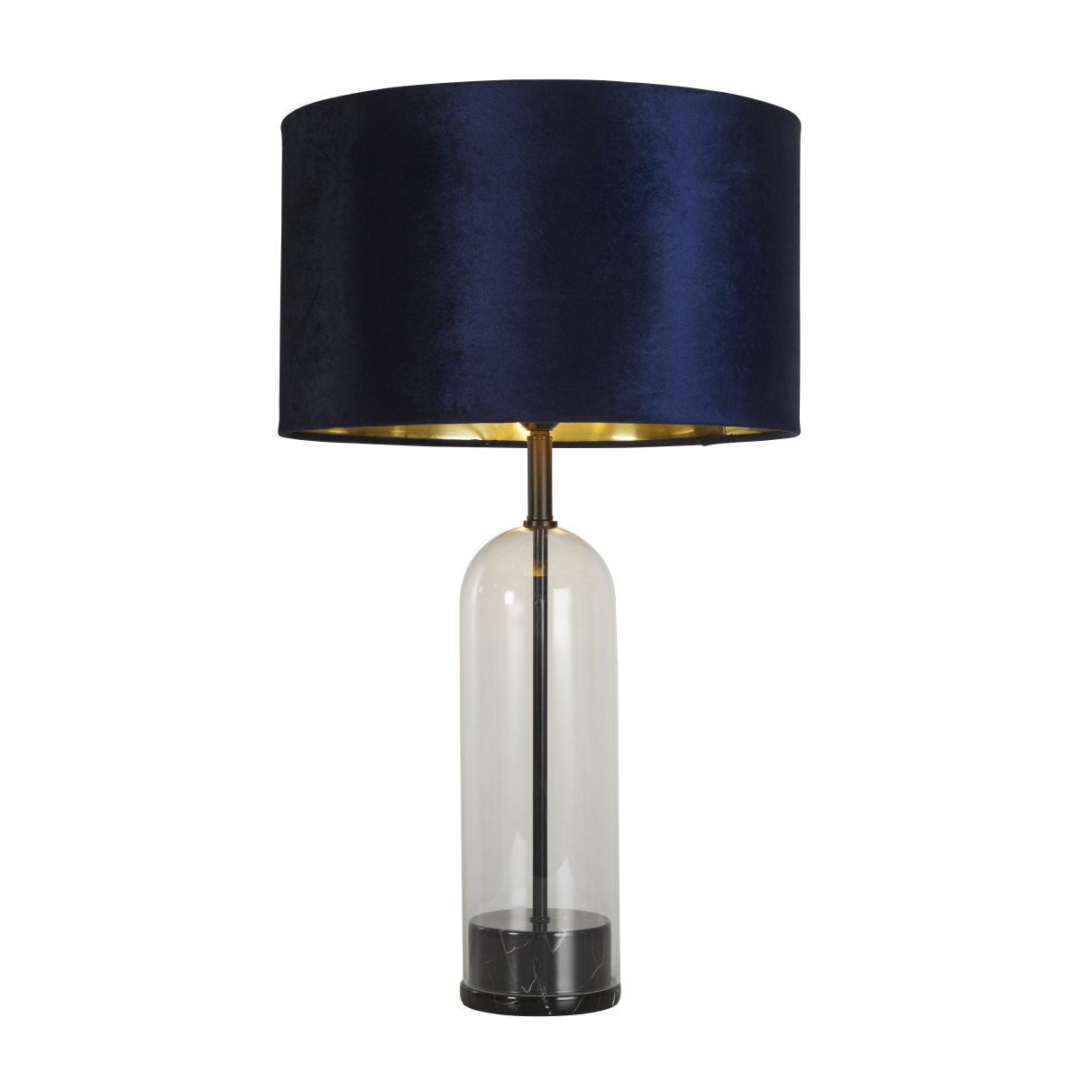 Oxford 44cm Bleu lampe de table De Searchlight - La lampe de table Oxford avec son abat-jour bleu marine intemporel et son intérieur doré offre une élégante combinaison de verre, de métal noir et de marbre.