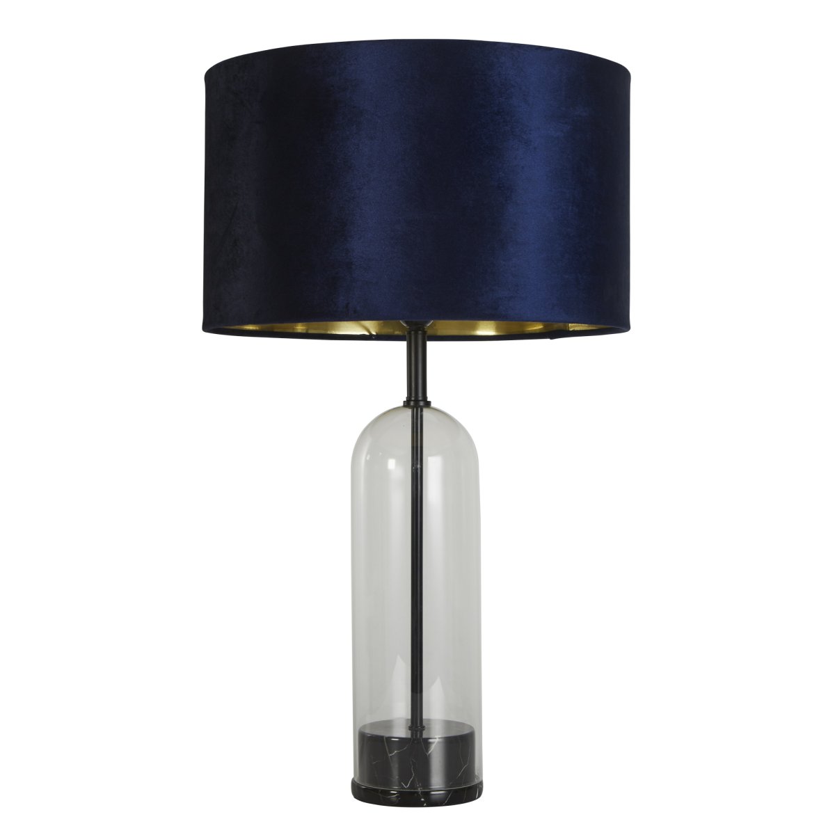Oxford 44cm Bleu lampe de table De Searchlight - La lampe de table Oxford avec son abat-jour bleu marine intemporel et son intérieur doré offre une élégante combinaison de verre, de métal noir et de marbre.