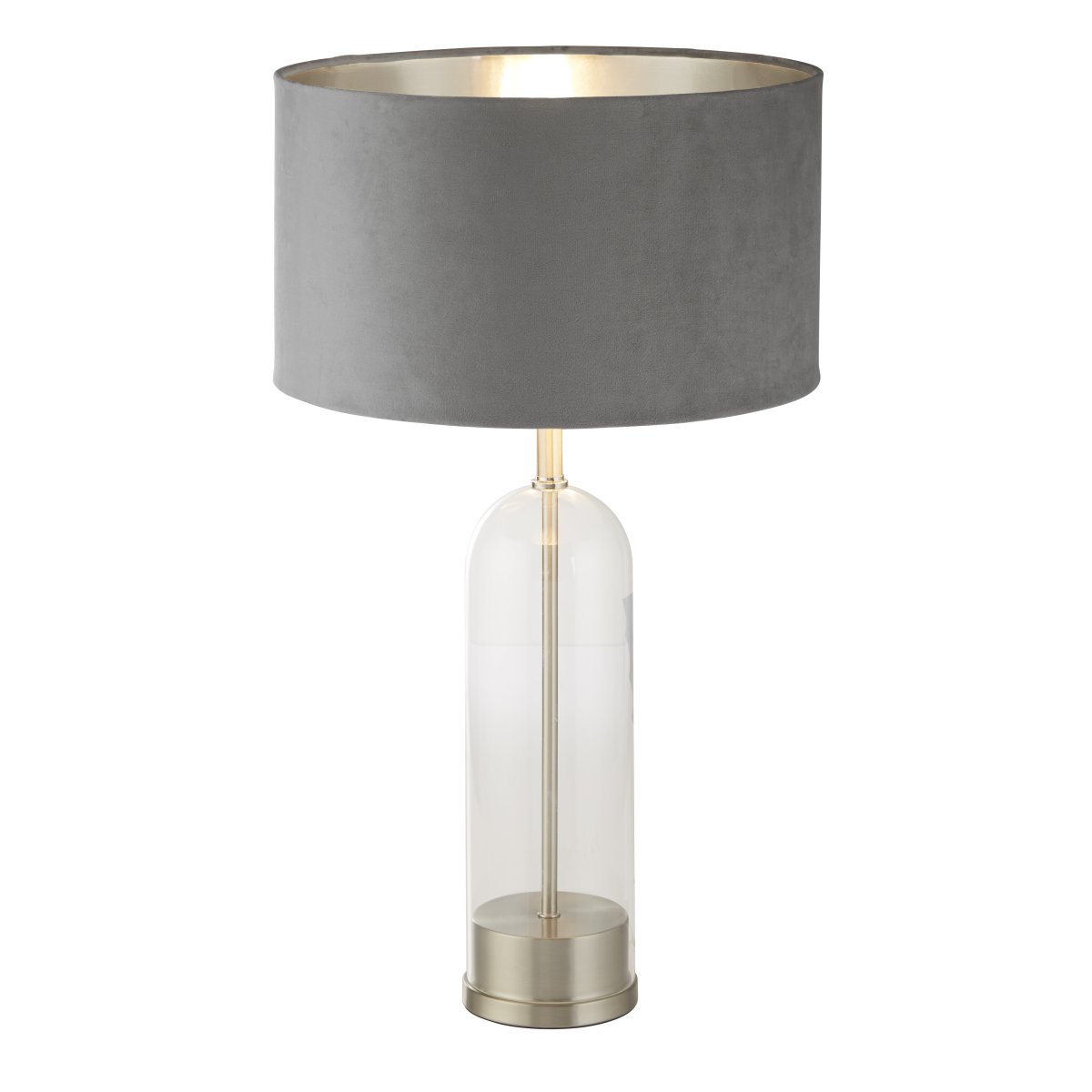 Oxford 44cm Gris lampe de table De Searchlight - La finition en nickel satin&eacute; ajoute un charme intemporel, tandis que l'abat-jour en velours gris frappant avec int&eacute;rieur argent&eacute; ajoute de l'&eacute;l&eacute;gance.