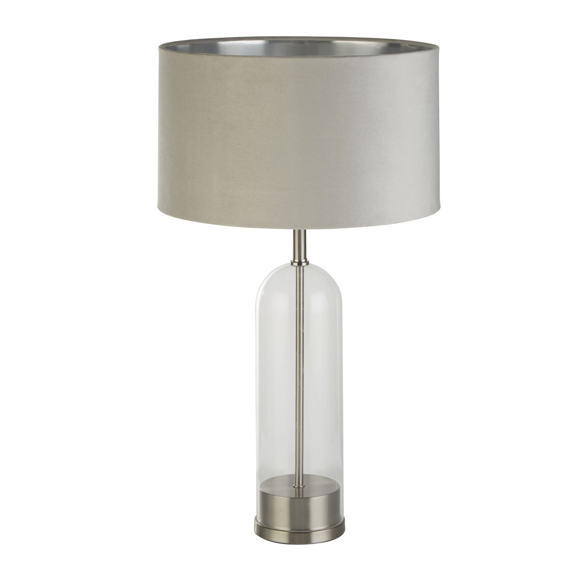 Oxford 44cm Gris lampe de table De Searchlight - La finition en nickel satin&eacute; ajoute un charme intemporel, tandis que l'abat-jour en velours gris frappant avec int&eacute;rieur argent&eacute; ajoute de l'&eacute;l&eacute;gance.