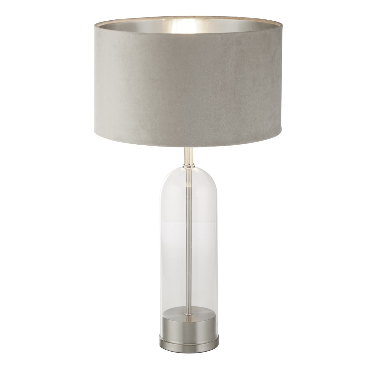 Oxford 44cm Beige lampe de table De Searchlight - La finition en nickel satin&eacute; ajoute un charme intemporel, tandis que l'abat-jour en velours taupe frappant avec int&eacute;rieur argent&eacute; ajoute de l'&eacute;l&eacute;gance.