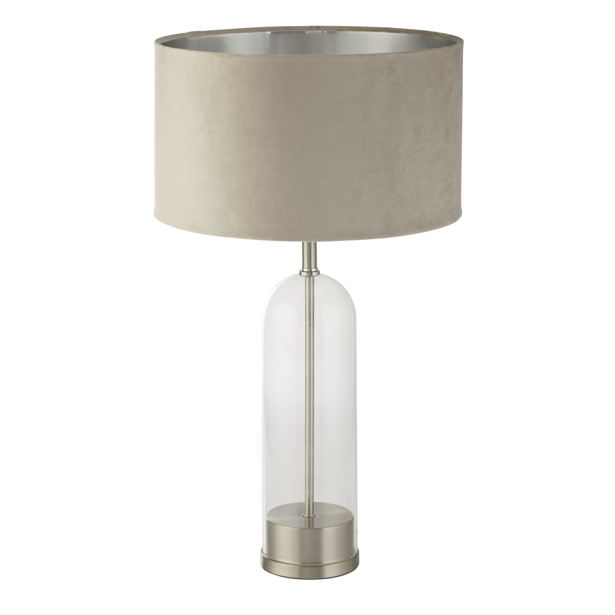 Oxford 44cm Beige lampe de table De Searchlight - La finition en nickel satin&eacute; ajoute un charme intemporel, tandis que l'abat-jour en velours taupe frappant avec int&eacute;rieur argent&eacute; ajoute de l'&eacute;l&eacute;gance.