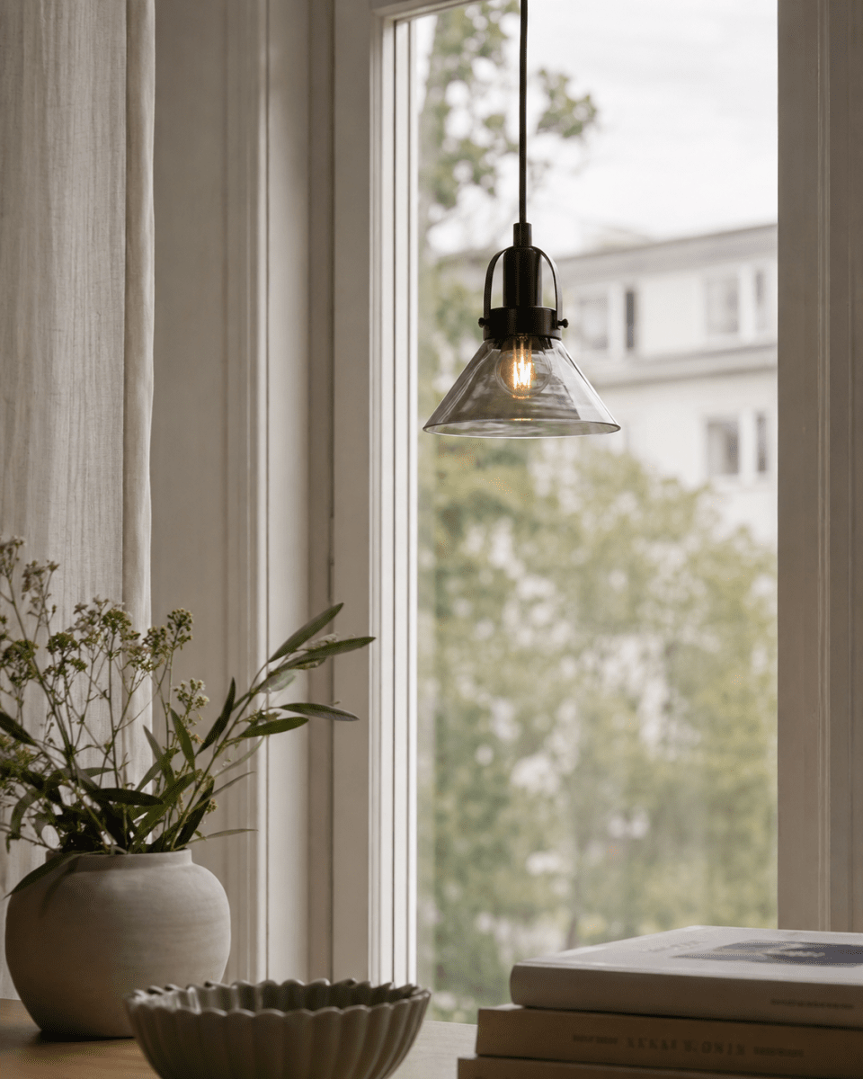 Mäster Ø15 Noir/Fumé lampe de fenêtre De Lampan - La lampe est fournie avec un c&acirc;ble en plastique noir de 3,5 m et une prise.