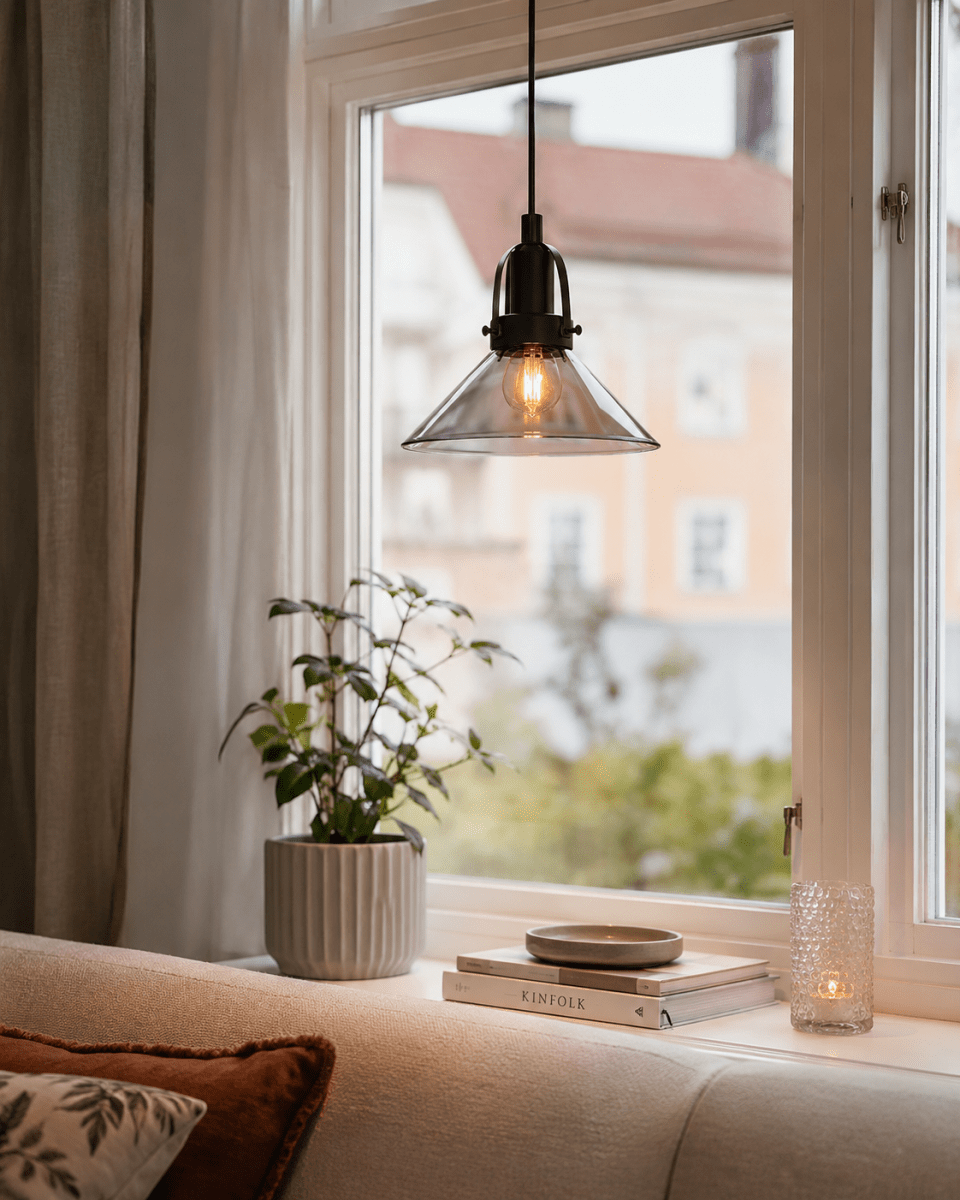 Mäster Ø20 Noir/Fumé lampe de fenêtre De Lampan - La lampe est fournie avec un c&acirc;ble en plastique noir de 3,5 m et une prise.