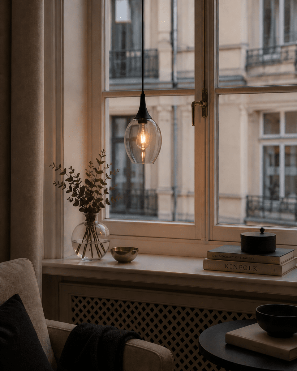 Elipzo Ø18 Couleur fumée lampe de fenêtre De Lampan - Son abat-jour en m&eacute;tal noir lui conf&egrave;re une touche raffin&eacute;e, tandis que son verre fum&eacute; diffuse une lumi&egrave;re douce et tamis&eacute;e.