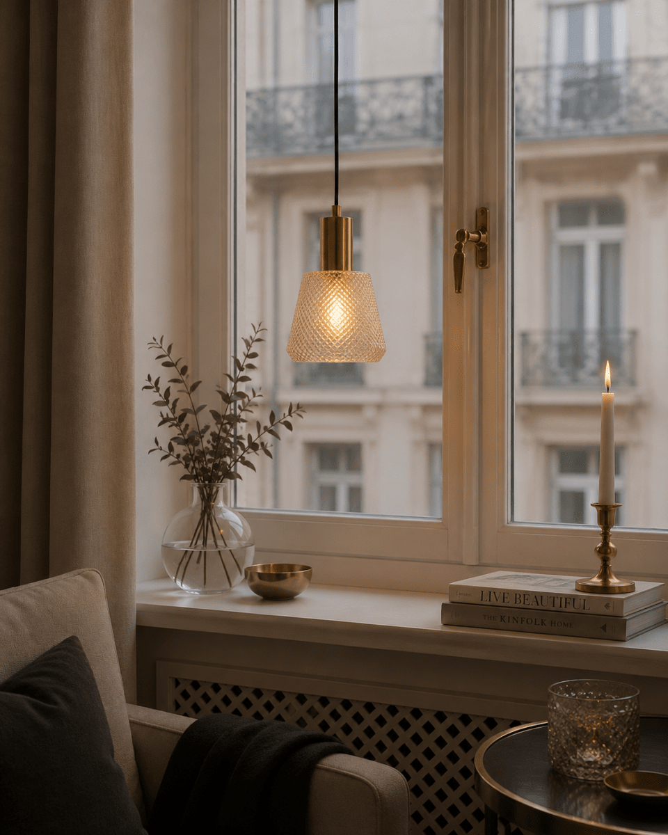Daimon Ø15 Ambre lampe de fenêtre De Lampan - L'applique est fournie avec un c&acirc;ble textile noir de 3,5 m, un interrupteur et une prise.