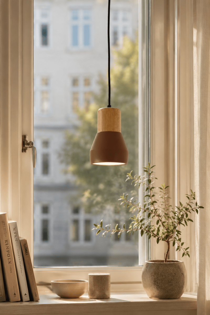 Pepe Ø13 Rouiller lampe de fenêtre De Nordic Lighting - L'alliance du bois et du b&eacute;ton lui conf&egrave;re un aspect &agrave; la fois robuste et chaleureux, tandis que sa finition rouille mate apporte une touche &agrave; la fois sobre et tendance.