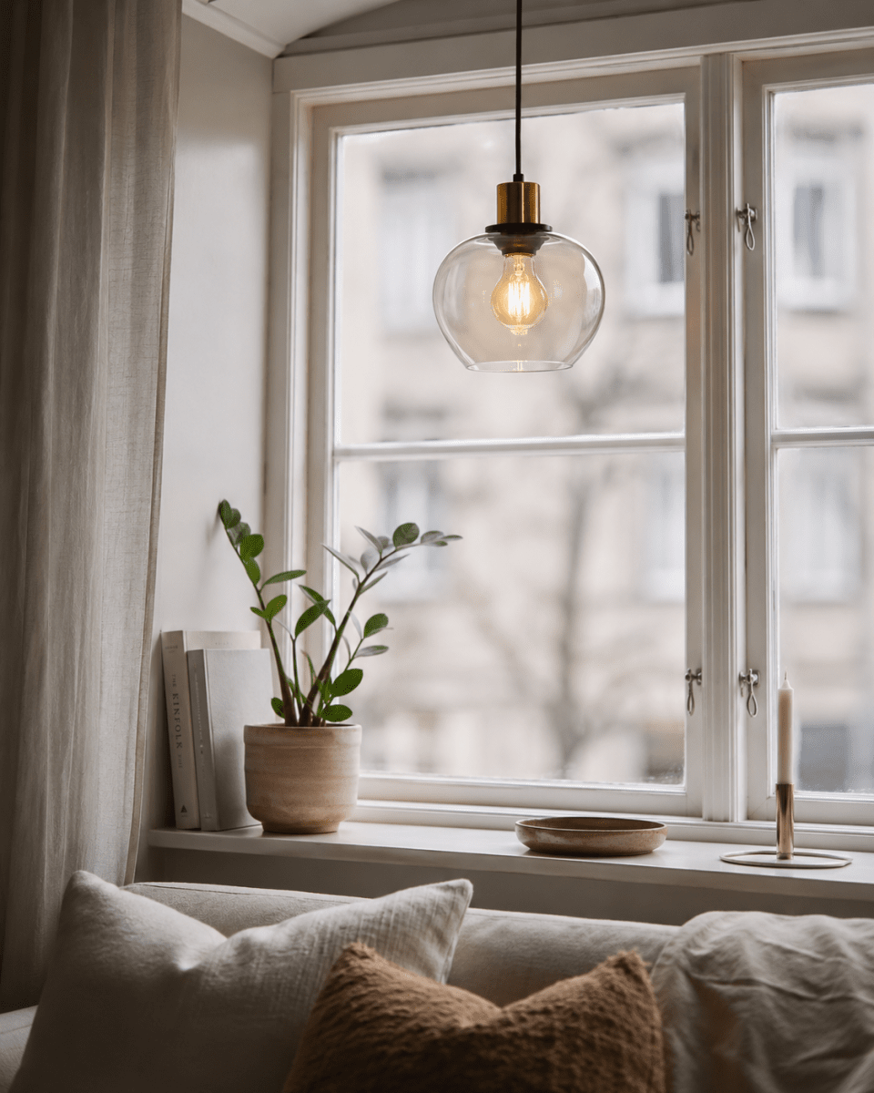 Ariston Ø20 Ambre lampe de fenêtre De Lampan - Son abat-jour en verre ambr&eacute; diffuse une lumi&egrave;re chaude et agr&eacute;able, tandis que ses d&eacute;tails en laiton bross&eacute; lui conf&egrave;rent une touche de modernit&eacute; et de sophistication.