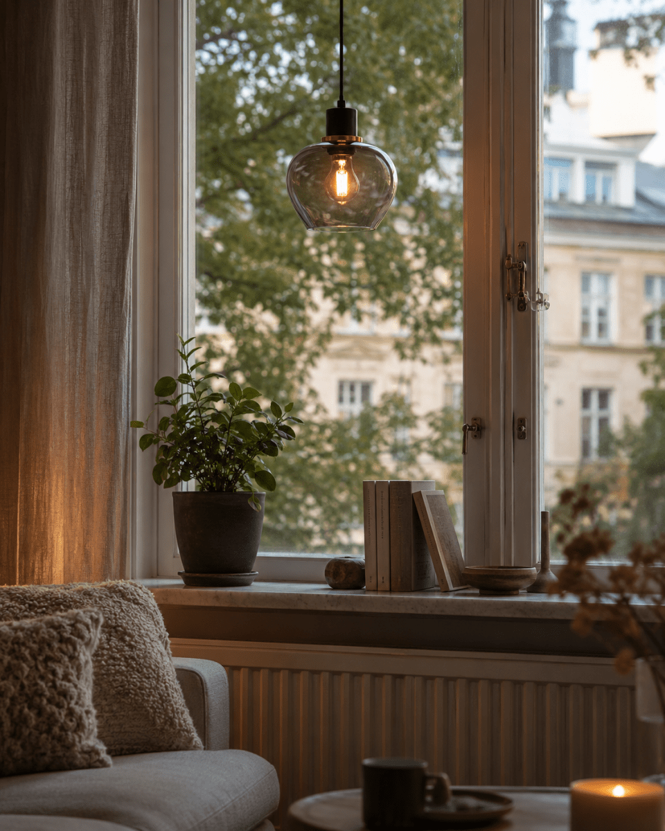 Ariston Ø20 Couleur fumée lampe de fenêtre De Lampan - Elle est fournie avec un c&acirc;ble textile noir de 3,5 m, un interrupteur et une prise.