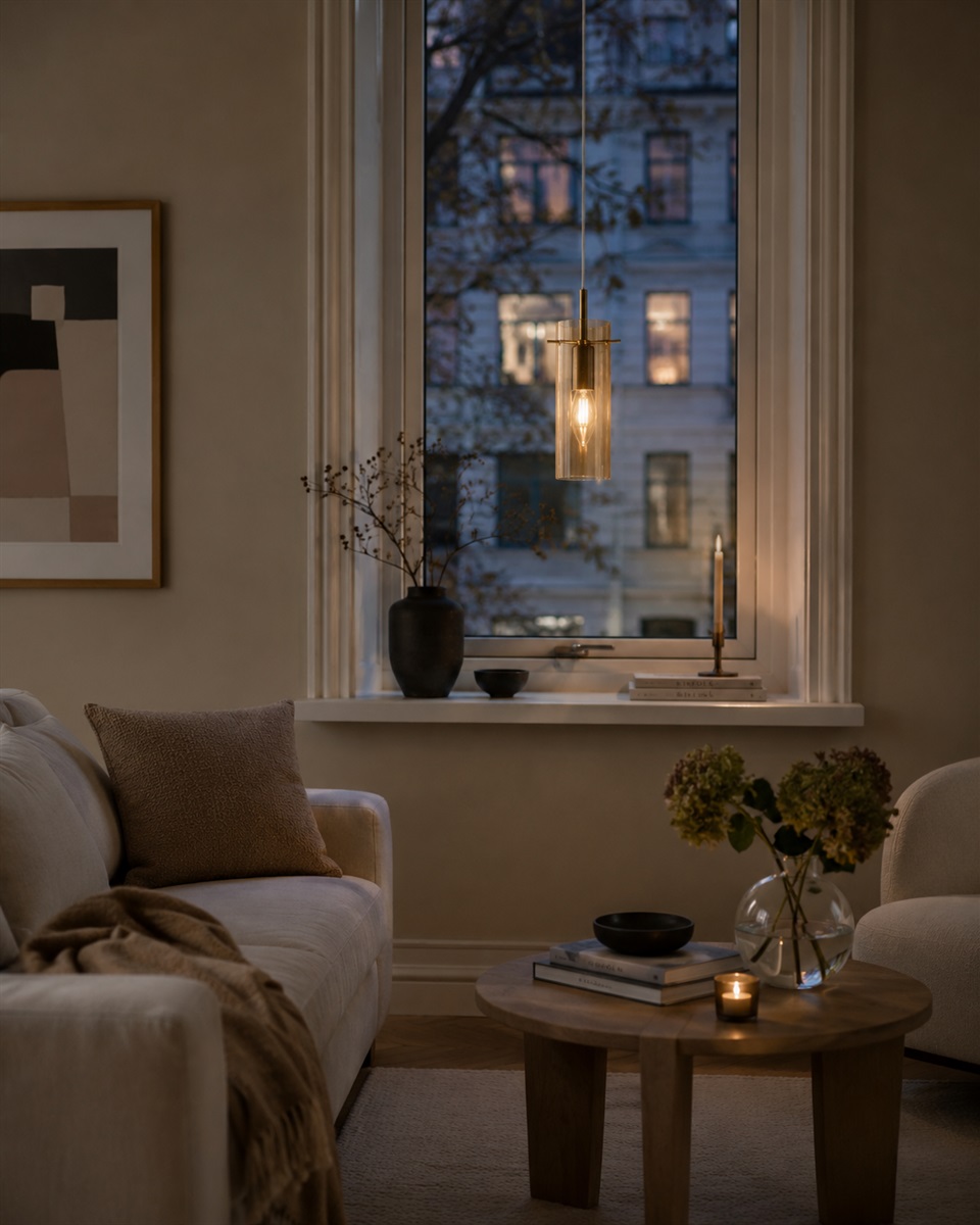 Cilinda Ø7 Laiton/ambre lampe de fenêtre De Nordic Lighting - Son verre ambr&eacute; assure une agr&eacute;able diffusion de la lumi&egrave;re et, associ&eacute; aux d&eacute;tails en laiton vieilli, en fait un &eacute;l&eacute;ment d&eacute;coratif raffin&eacute;.