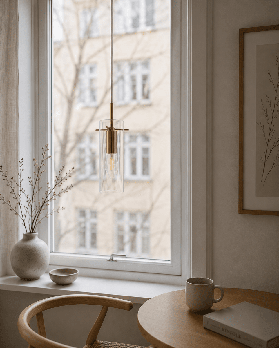 Cilinda Ø7 Laiton/transparent lampe de fenêtre De Nordic Lighting - Cilinda est une lampe de fen&ecirc;tre intemporelle au design &eacute;l&eacute;gant.