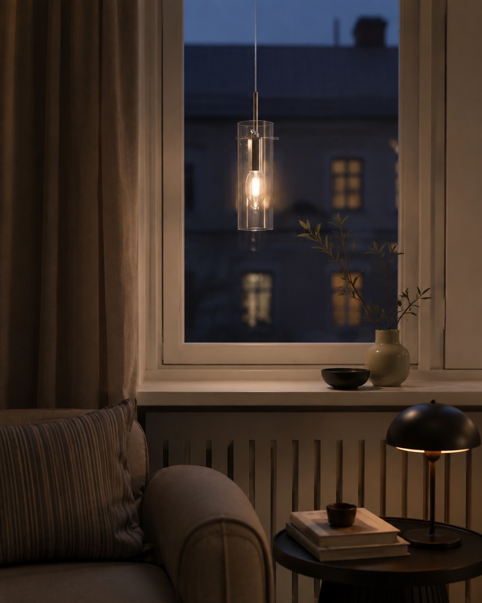 Cilinda Ø7 Chrome/transparent lampe de fenêtre De Nordic Lighting - Cilinda est une lampe de fen&ecirc;tre intemporelle au design &eacute;l&eacute;gant.