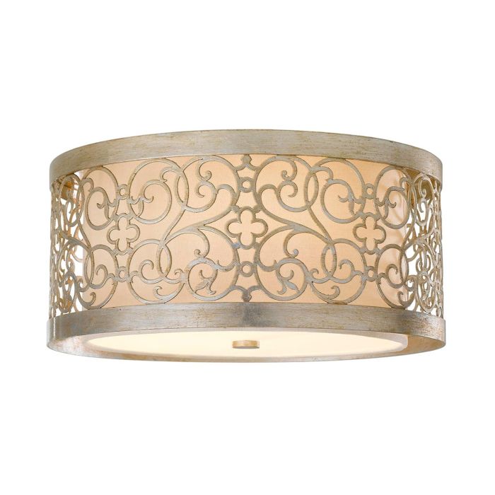 Arabesque Ø38 Argent plafonnier De Elstead Lighting - &Agrave; l'int&eacute;rieur, un diffuseur en lin blanc cr&egrave;me et une base en verre blanc assurent une lumi&egrave;re douce et homog&egrave;ne.