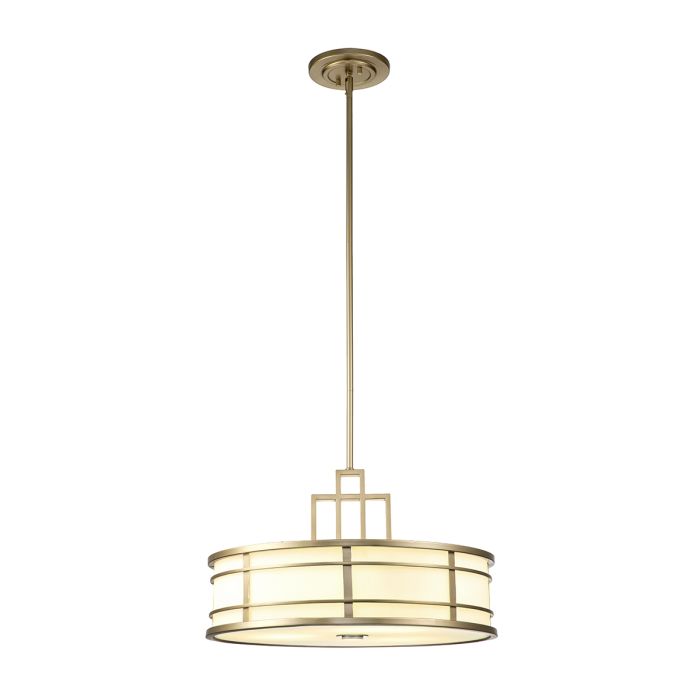 Fusion Ø53 Laiton suspension De Elstead Lighting - Le cadre est équipé de verre opale nervuré sur les côtés et d'un dôme en verre en bas comme diffuseur, créant un effet d'éclairage fascinant.