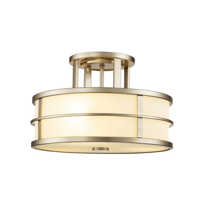Fusion Ø34 Laiton plafonnier De Elstead Lighting - Le cadre est &eacute;quip&eacute; de verre opale nervur&eacute; sur les c&ocirc;t&eacute;s et d'un d&ocirc;me en verre en bas comme diffuseur, cr&eacute;ant un effet d'&eacute;clairage fascinant.