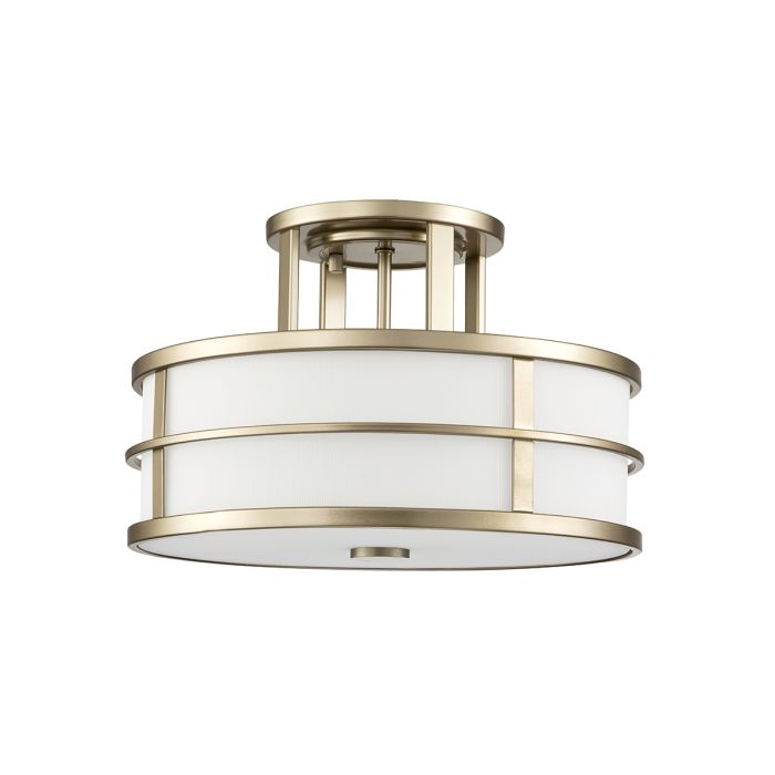 Fusion Ø34 Laiton plafonnier De Elstead Lighting - Le cadre est &eacute;quip&eacute; de verre opale nervur&eacute; sur les c&ocirc;t&eacute;s et d'un d&ocirc;me en verre en bas comme diffuseur, cr&eacute;ant un effet d'&eacute;clairage fascinant.