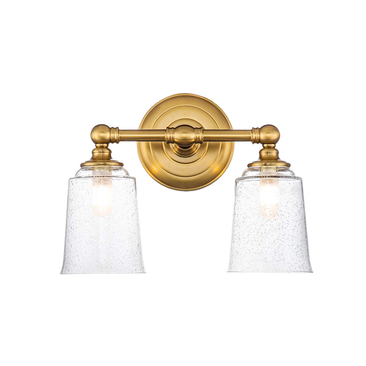 Huguenot Lake 33cm Laiton lampe de salle de bain De Elstead Lighting - Les élégants détails ronds et les cadres découpés à la main transmettent un sentiment d'artisanat traditionnel, tandis que le verre clair et texturé crée une lumière douce et invitante.