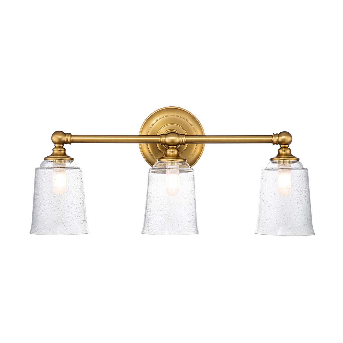 Huguenot Lake 53cm Laiton lampe de salle de bain De Elstead Lighting - Les élégants détails ronds et les cadres découpés à la main transmettent un sentiment d'artisanat traditionnel, tandis que le verre clair et texturé crée une lumière douce et invitante.