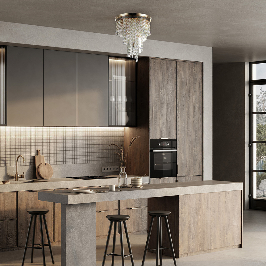 Cascade Ø42 Or cristal De Maytoni - Les prismes d&eacute;coratifs sont suspendus sur plusieurs niveaux et renferment les sources lumineuses, cr&eacute;ant un jeu de lumi&egrave;re rayonnant et une atmosph&egrave;re exclusive.