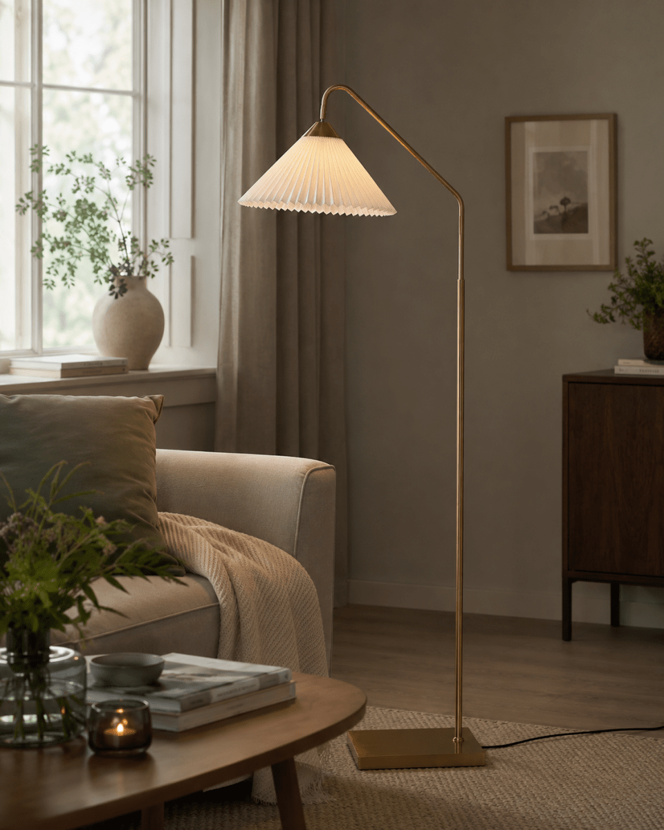 Nonna Laiton antique lampadaire De Lampan - Nonna est un lampadaire &eacute;l&eacute;gant en m&eacute;tal, dot&eacute; d'une magnifique finition en laiton antique qui lui conf&egrave;re un charme chaleureux et intemporel.