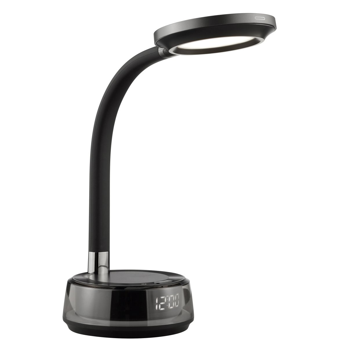 Moonglow 53cm Noir lampe de bureau De Brilliant - Fabriqu&eacute;e en m&eacute;tal noir et plastique, elle arbore un design &eacute;l&eacute;gant avec un bras flexible, ce qui en fait une lampe de lecture ou de chevet id&eacute;ale.