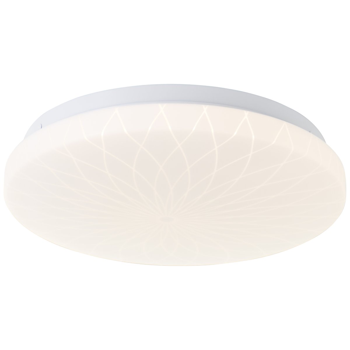 Farah Ø26 Blanc plafonnier De Brilliant - La source lumineuse LED int&eacute;gr&eacute;e produit une lumi&egrave;re blanc chaud (3000 K) et une luminosit&eacute; de 1400 lumens, id&eacute;ale pour cr&eacute;er un environnement agr&eacute;able et lumineux, comme un couloir ou une cuisine.