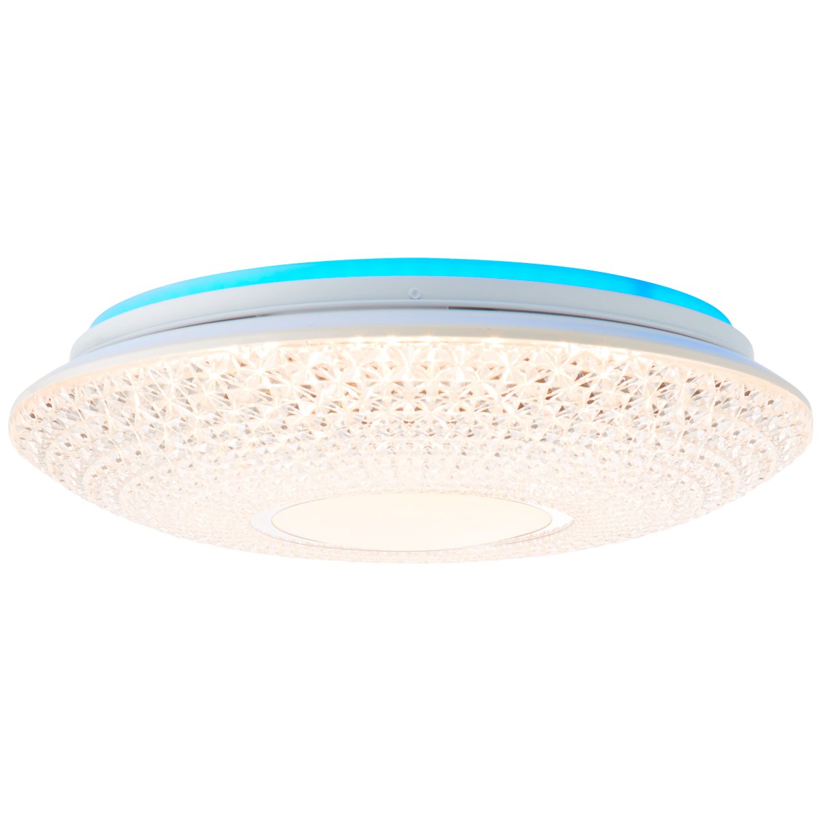 Lucian Ø40 Blanc plafonnier De Brilliant - Le panneau LED est entour&eacute; d'un abat-jour transparent &agrave; petits prismes, cr&eacute;ant un magnifique jeu de lumi&egrave;re dans la pi&egrave;ce lorsqu'il est allum&eacute;.