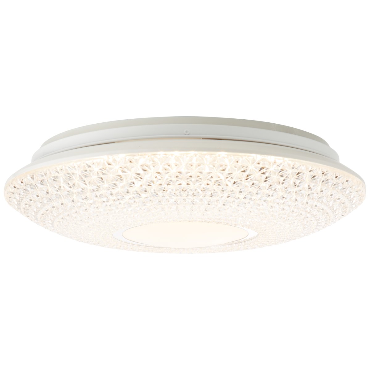 Lucian Ø40 Blanc plafonnier De Brilliant - Le panneau LED est entour&eacute; d'un abat-jour transparent &agrave; petits prismes, cr&eacute;ant un magnifique jeu de lumi&egrave;re dans la pi&egrave;ce lorsqu'il est allum&eacute;.