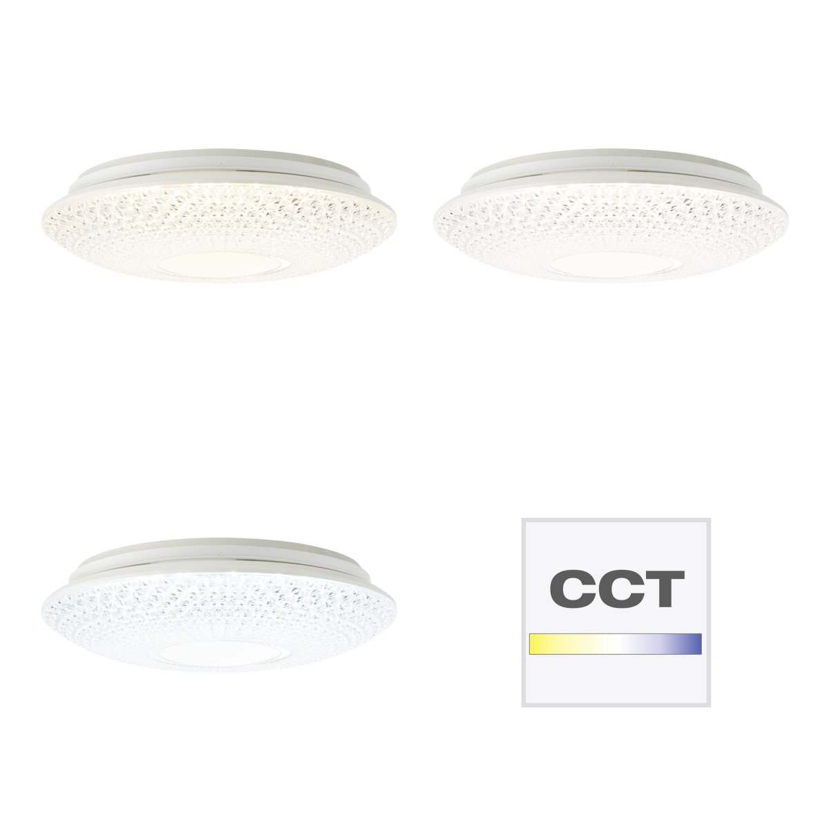 Lucian Ø40 Blanc plafonnier De Brilliant - Le panneau LED est entour&eacute; d'un abat-jour transparent &agrave; petits prismes, cr&eacute;ant un magnifique jeu de lumi&egrave;re dans la pi&egrave;ce lorsqu'il est allum&eacute;.