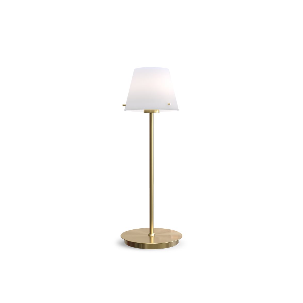 Gil 34cm Laiton satiné lampe de table De Herstal - Fabriquée en métal avec une finition laiton satiné, elle est dotée d'un abat-jour en verre blanc diffusant une lumière douce et agréable.