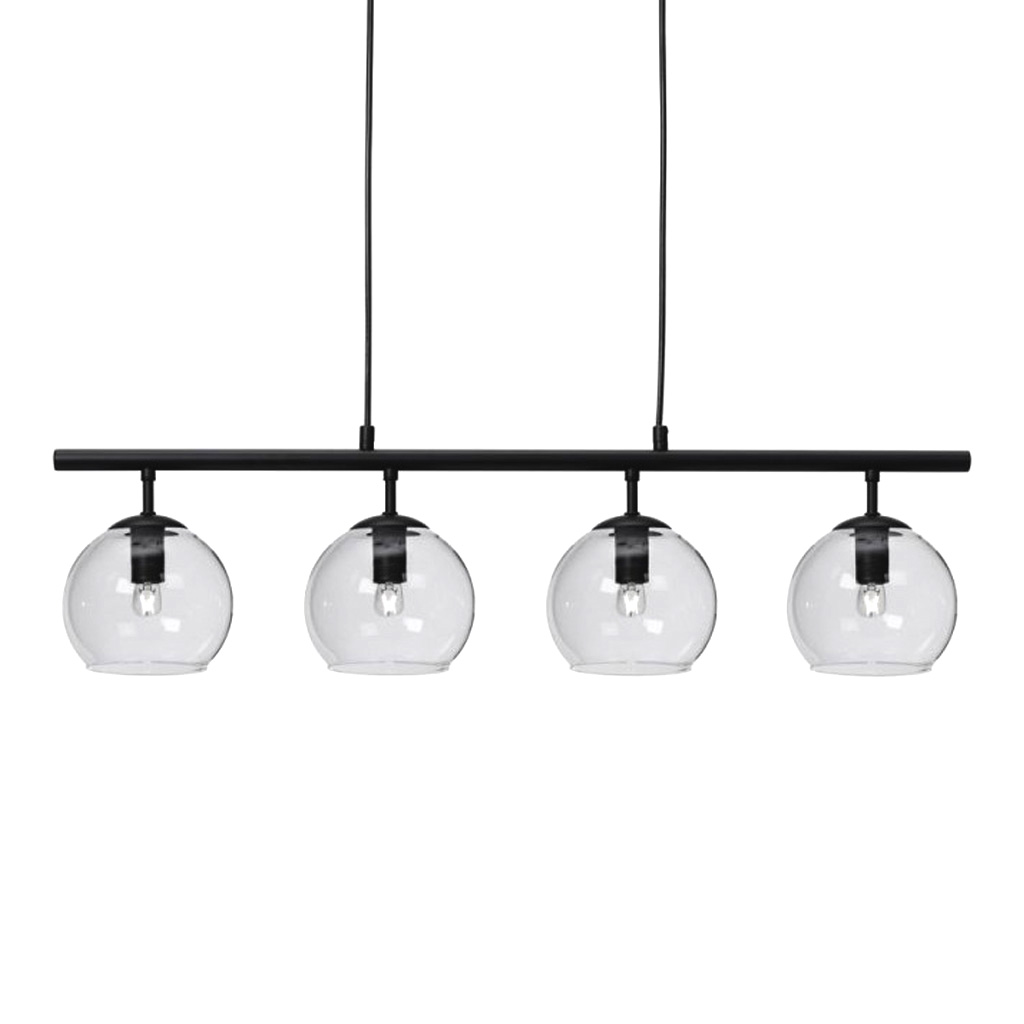 Globi 4 78cm Noir/transparent suspension De Nordic Lighting - Sa suspension en m&eacute;tal noir lui conf&egrave;re une touche graphique et raffin&eacute;e, tandis que ses quatre coupoles en verre diffusent une lumi&egrave;re agr&eacute;able dans toute la pi&egrave;ce.
