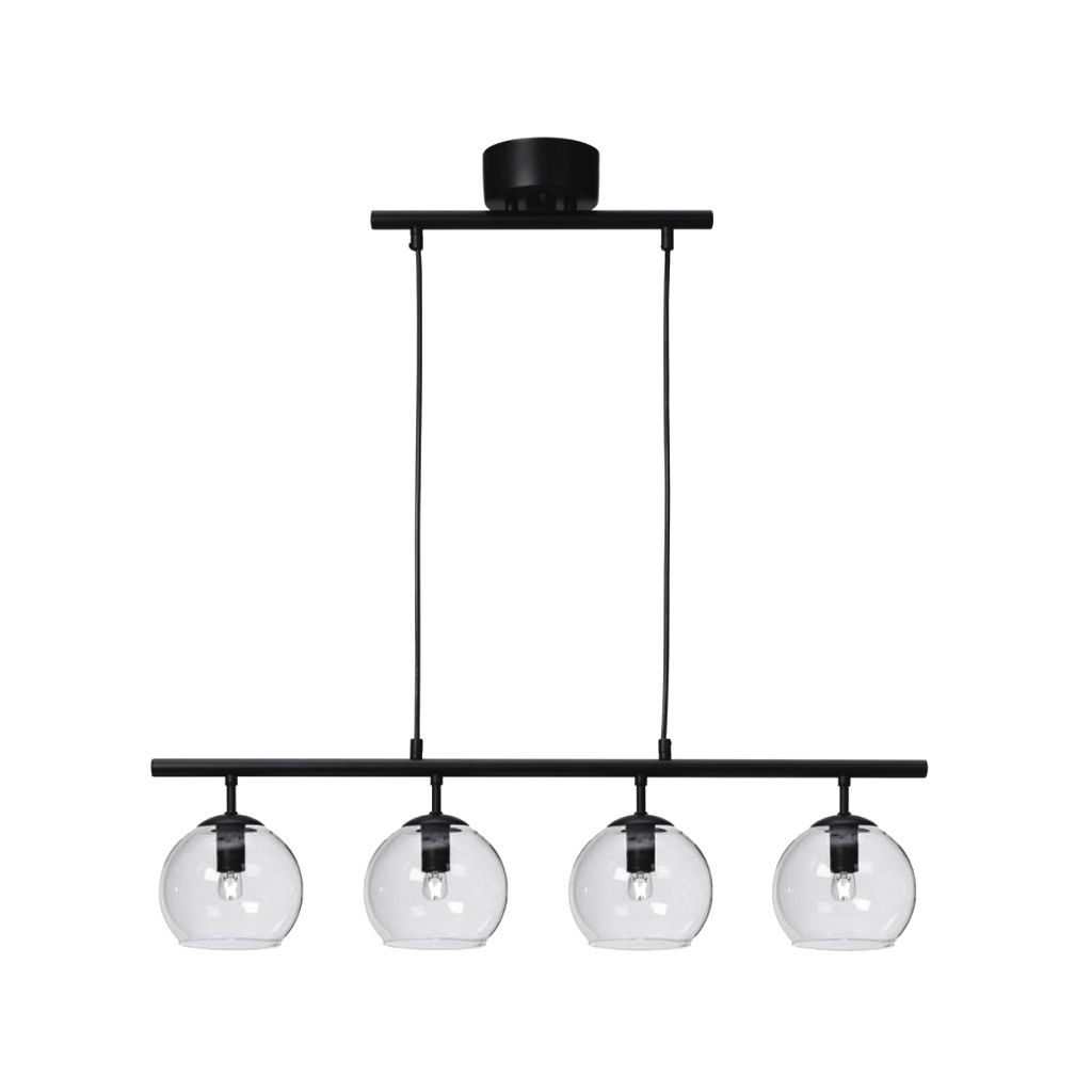 Globi 4 78cm Noir/transparent suspension De Nordic Lighting - Sa suspension en m&eacute;tal noir lui conf&egrave;re une touche graphique et raffin&eacute;e, tandis que ses quatre coupoles en verre diffusent une lumi&egrave;re agr&eacute;able dans toute la pi&egrave;ce.