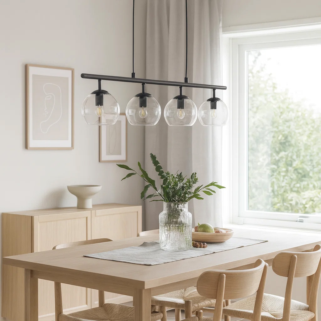 Globi 4 78cm Noir/transparent suspension De Nordic Lighting - Sa suspension en m&eacute;tal noir lui conf&egrave;re une touche graphique et raffin&eacute;e, tandis que ses quatre coupoles en verre diffusent une lumi&egrave;re agr&eacute;able dans toute la pi&egrave;ce.
