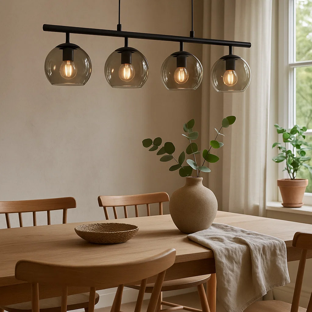 Globi 4 78cm Noir/Fumé suspension De Nordic Lighting - Sa suspension en métal noir lui confère une touche graphique et raffinée, tandis que ses quatre abat-jour ronds en verre fumé diffusent une lumière agréable et homogène dans toute la pièce.