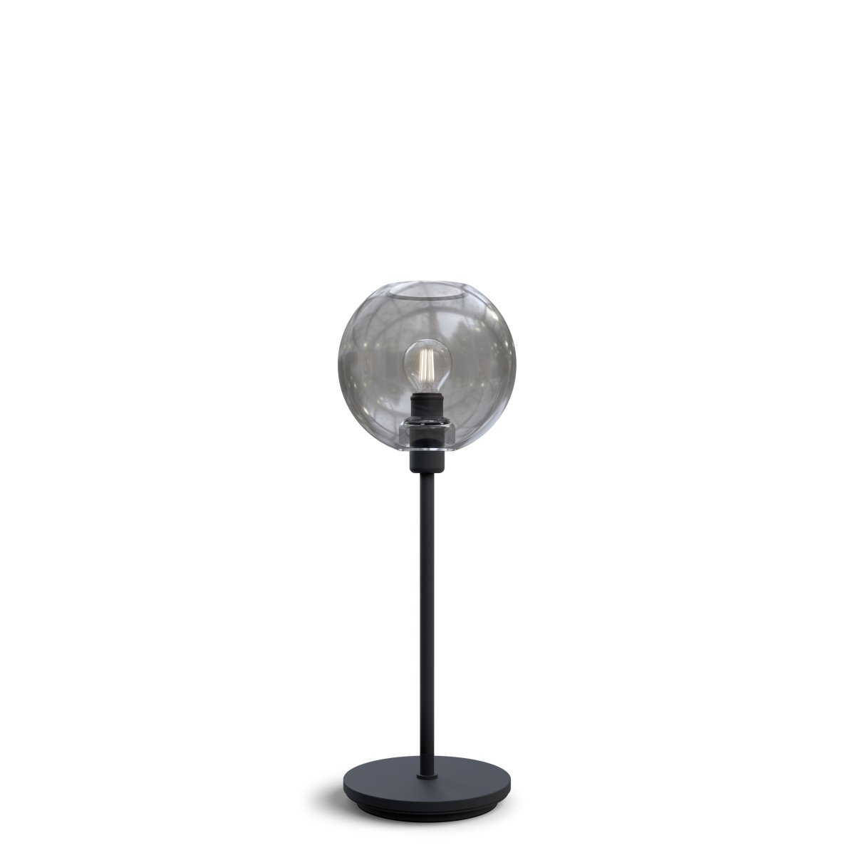 Gloria 46cm Noir/fumé lampe de table De Belid - Gloria a un design simple et &eacute;l&eacute;gant avec une base de lampe en m&eacute;tal et un abat-jour rond en verre.