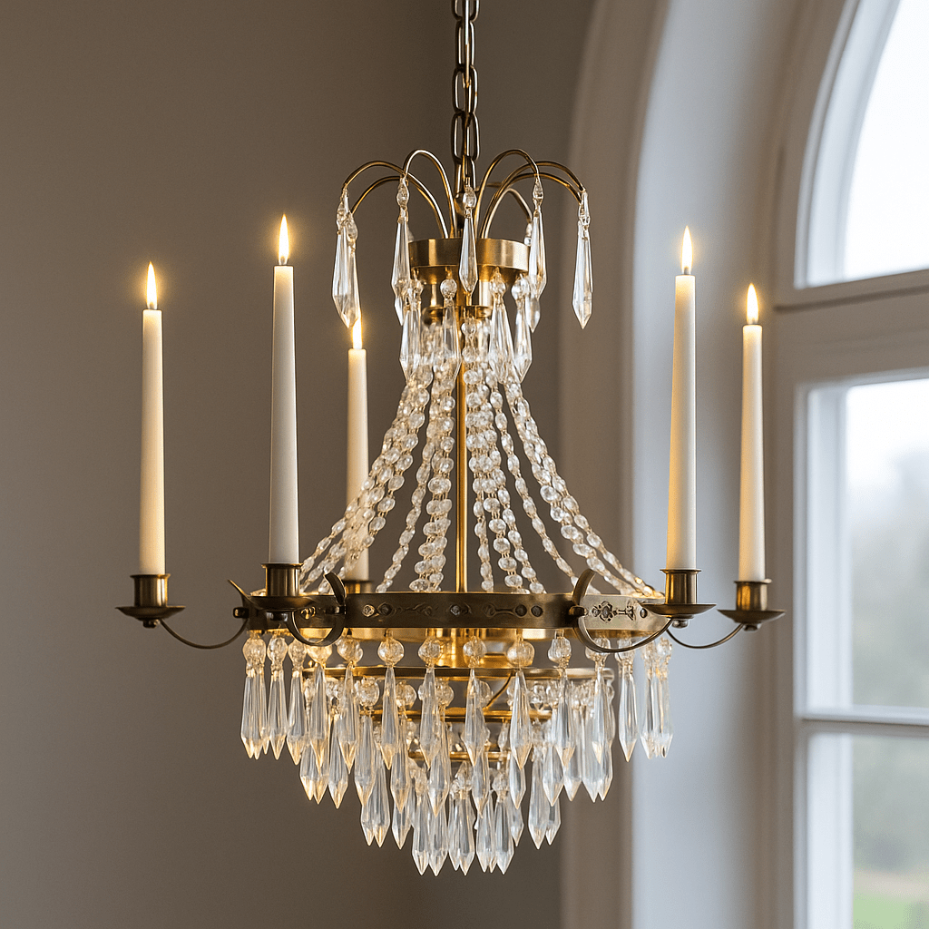 Hampshire Ø50 Laiton antique cristal De Lampan - Les bougeoirs de style classique compl&egrave;tent le design et font de ce lustre un point focal id&eacute;al dans une salle &agrave; manger ou un salon.