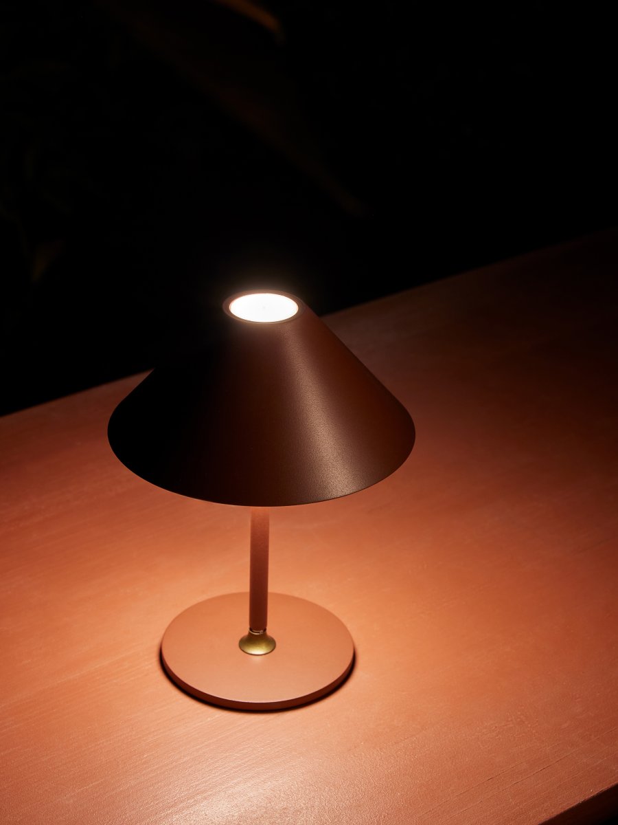 Hygge 20cm Bordeaux portable De Halo Design - Il est classé IP54, ce qui le rend adapté à une utilisation en intérieur et en extérieur (bien qu'il doive être stocké et chargé à l'intérieur).