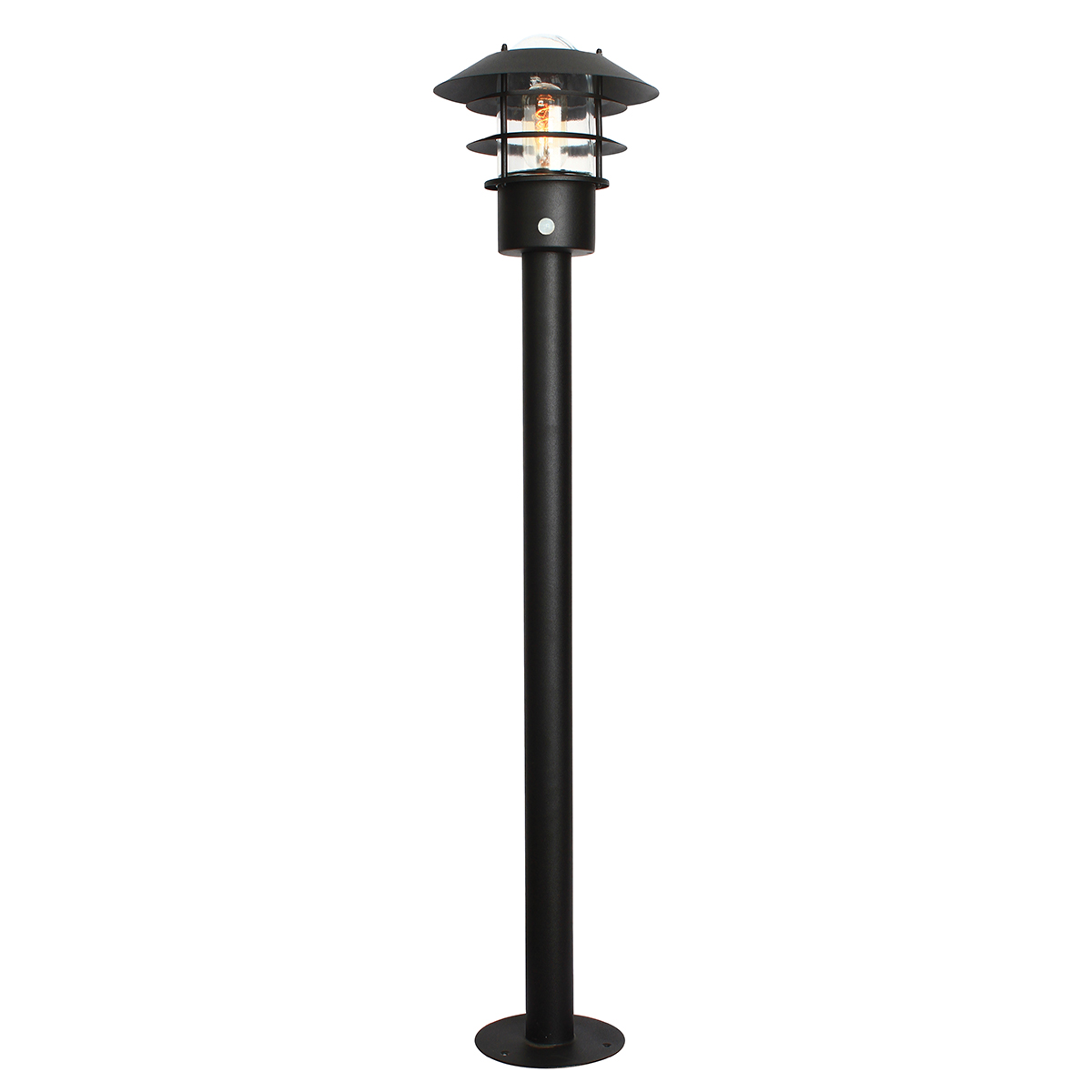 Helsingor PIR 100cm Noir bornes De Elstead Lighting - Tillverkad av rostfritt st&aring;l i svart finish och glas, erbjuder den en robust och v&auml;derbest&auml;ndig konstruktion som &auml;r perfekt vid uppfarter, entr&eacute;er eller tr&auml;dg&aring;rdsg&aring;ngar.
