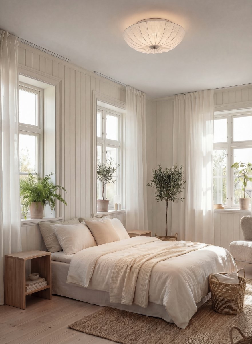 Lady Ø55 Blanc plafonnier De Aneta Lighting - La lampe de table &laquo; Lady &raquo; s&eacute;duit par sa forme douce et &eacute;l&eacute;gante, o&ugrave; le tissu &eacute;pouse d&eacute;licatement la structure m&eacute;tallique.