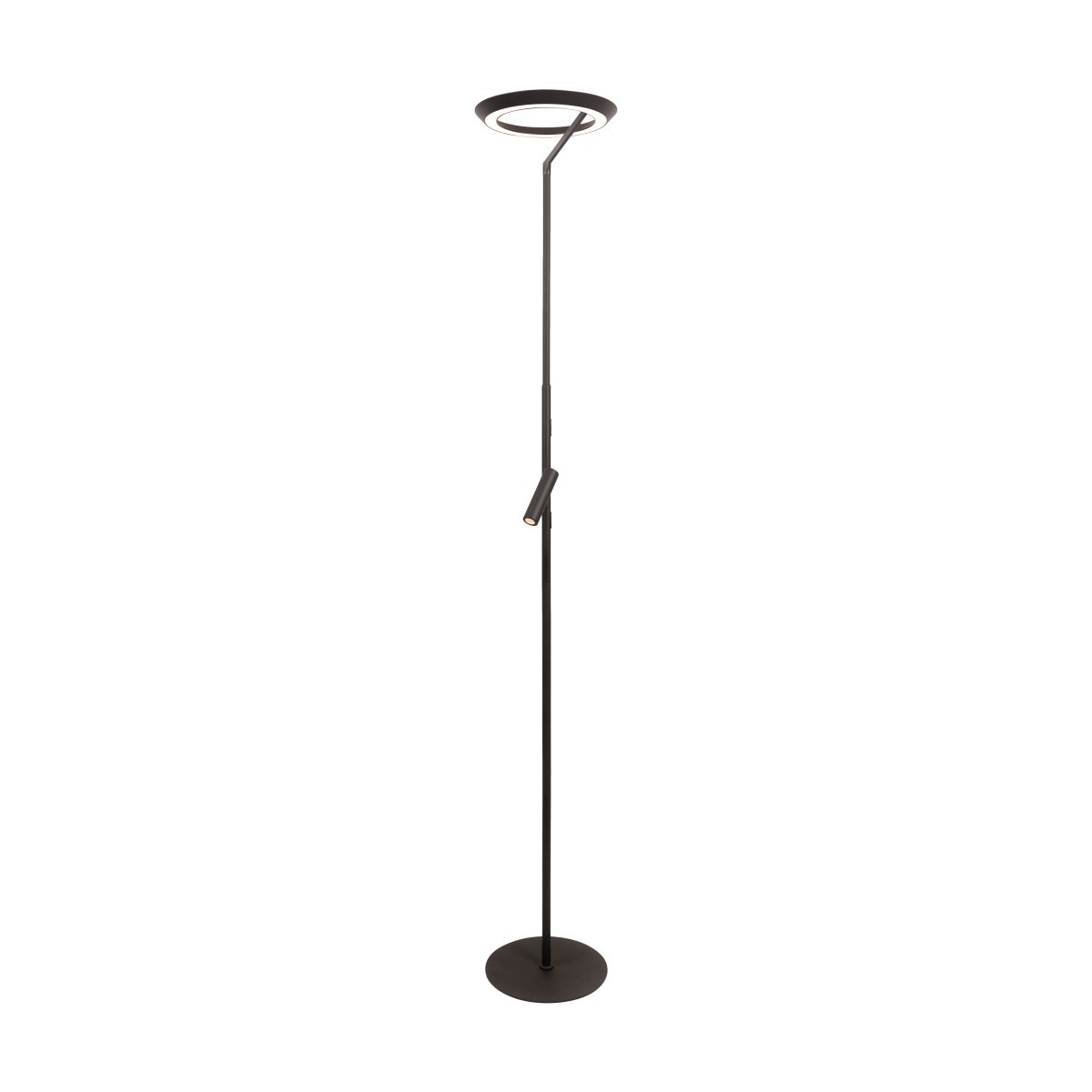 Celeste 2 Noir lampadaire De Lucide - Ce spot offre 862 lumens pour une puissance de 21 watts, tandis que le spot orientable fournit 250 lumens pour une puissance de 3 watts, tous deux avec une lumi&egrave;re blanc chaud (2700 K).